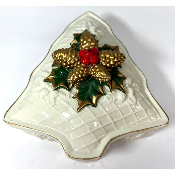 Vintage  Christmas Tree Candy Dish With Holly & Pinecone Design Porcelain Gold T - Picture 1 of 7
